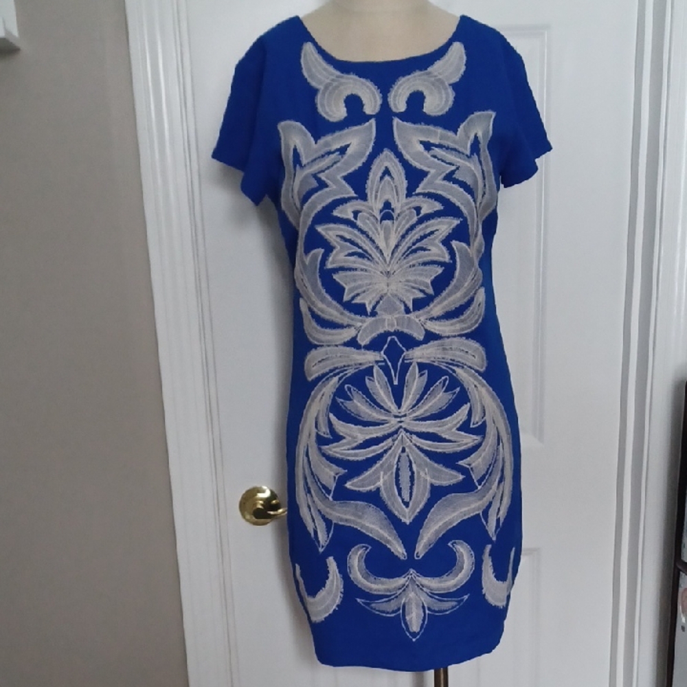 Francesca's Collections Royal Blue Dress with Cream Patterns